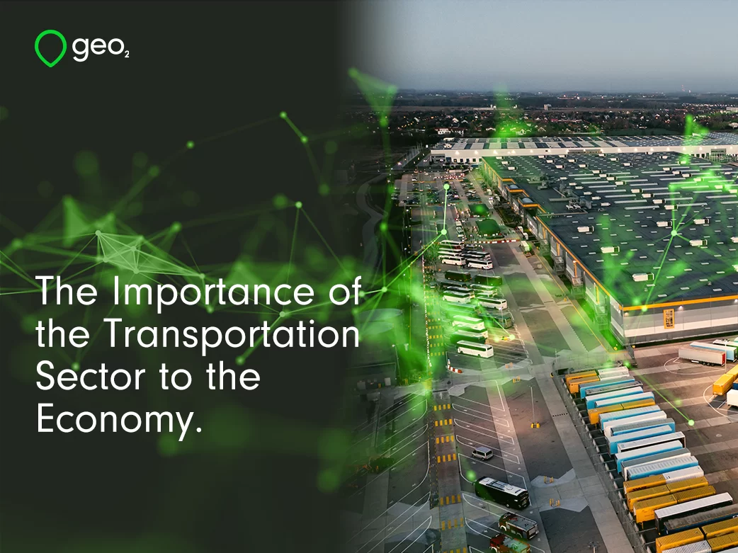 title page the importance of transportation industry on the economy with a green plexus the geo2 logo and an image of a large distribution centre