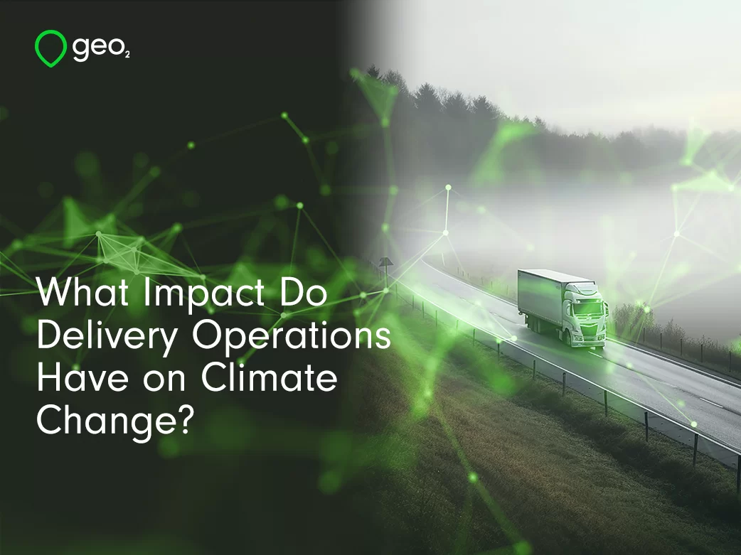 image of a green plexus with writing over it overlayed with a black faded filter that goes out into a lorry driving a along a hill in the mist with the geo2 logo