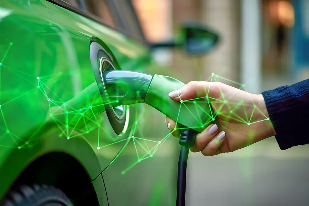 woman-s-hand-plugging-electric-charger-car-generative-ai with green plexus