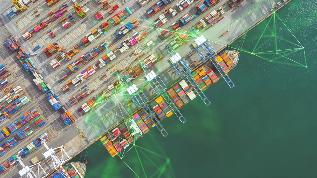 Arial view of shipping container at port with green plexus overlayed