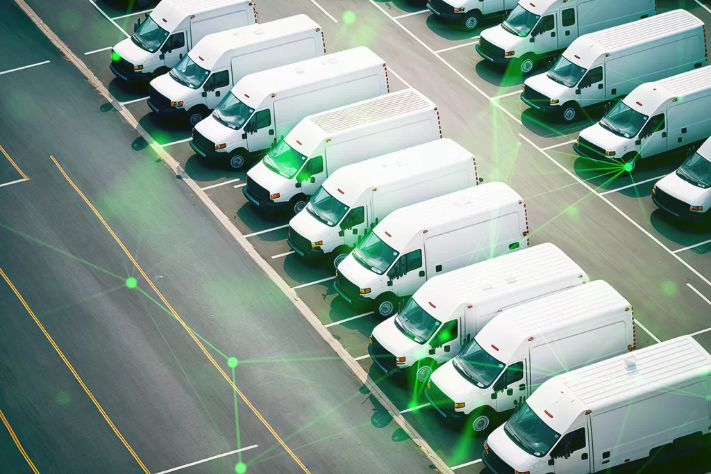 white fleet of vans and delivery vehicles with green plexus overlayed