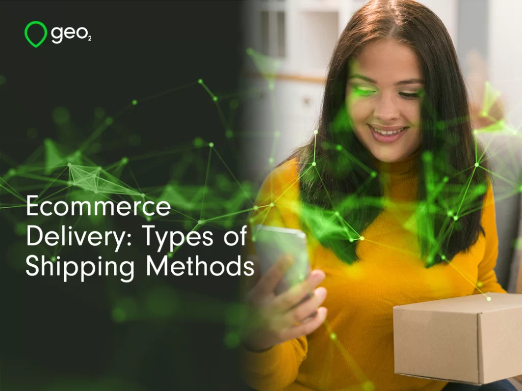 Ecommerce Delivery Types of Shipping Methods title page with green plexus and lady woman holding delivery box and mobile phone in a yellow top