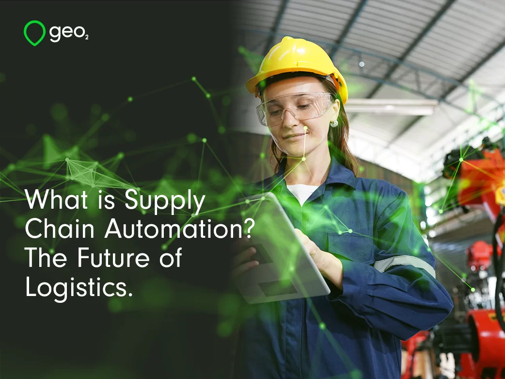 What is supply chain automation cover photo with green plexus and woman on tablet with warehouse robot behind