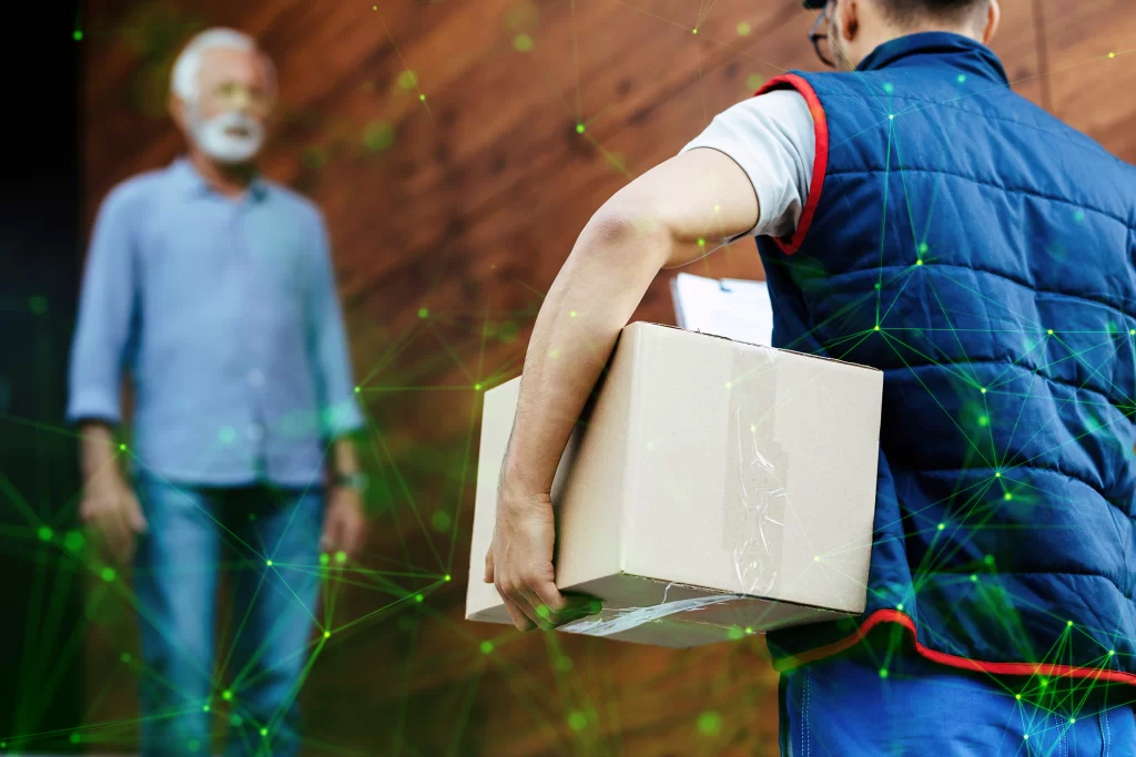 man with parcel delivering package to older man with green plexus overlayed