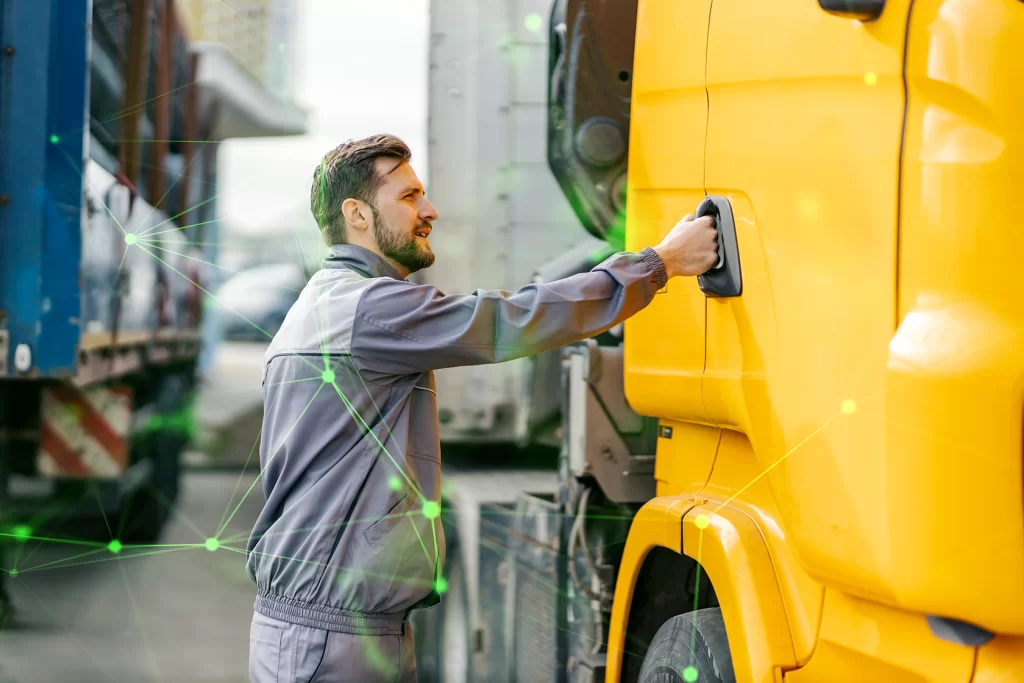 truck driver is opening truck door getting ready to drive goods with green plexus overlayed
