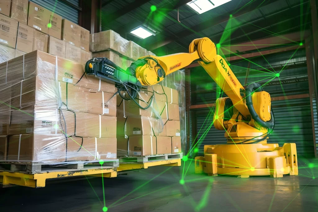 warehouse machinery liftingup a pallet with green plexus overlayed