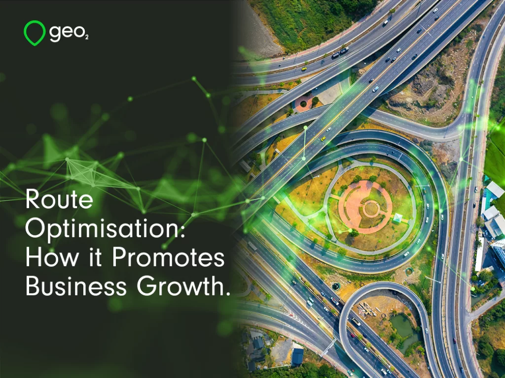 Route optmisation: how it promotes business growth title page with green plexus and loop aerial view of highway