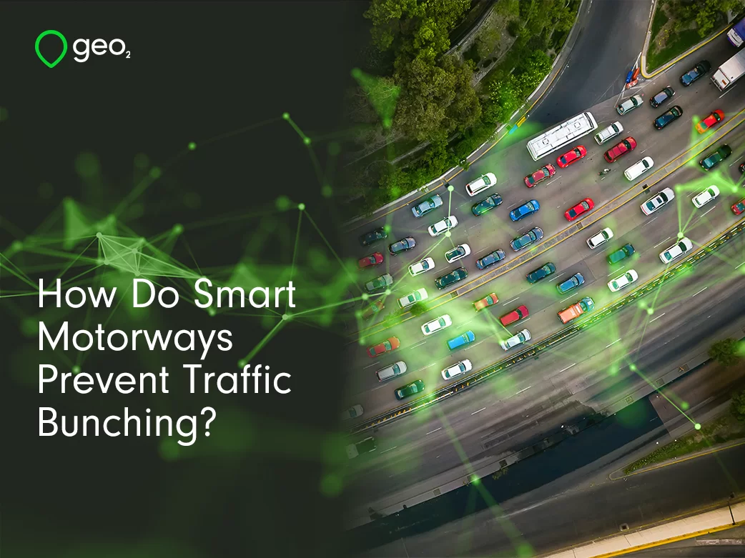 how do smart motorways prevent traffic bunching title page with green plexus and aerial shot of traffic bunching on a highway