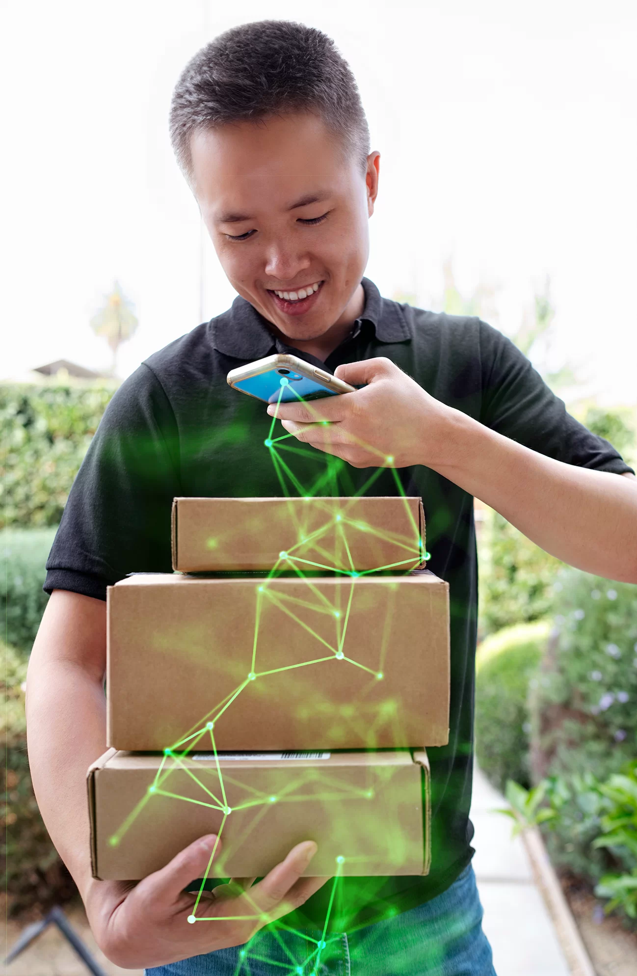 delivery man taking electronic proof of delivery of parcels he is delivering with green plexus overlayed