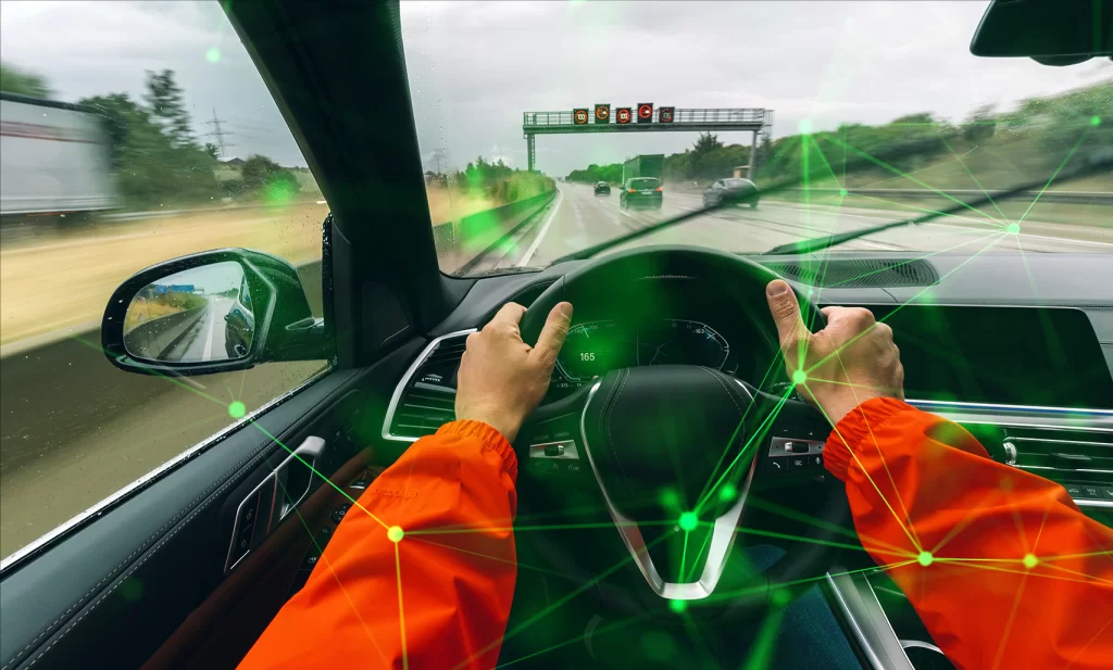 driving car on a highway on a rainy day with green plexus overlayed