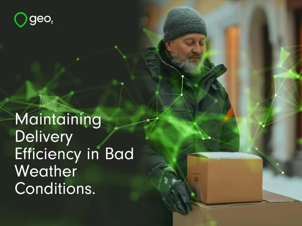 Maintaining Delivery Efficiency in Bad Weather Conditions title page image man holding boxes in snow with green plexus