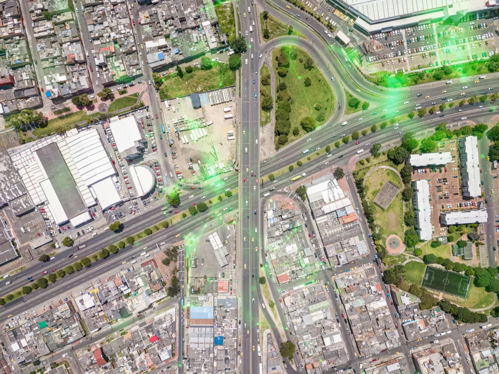 aerial view of landscape and roads with green plexus overlayed