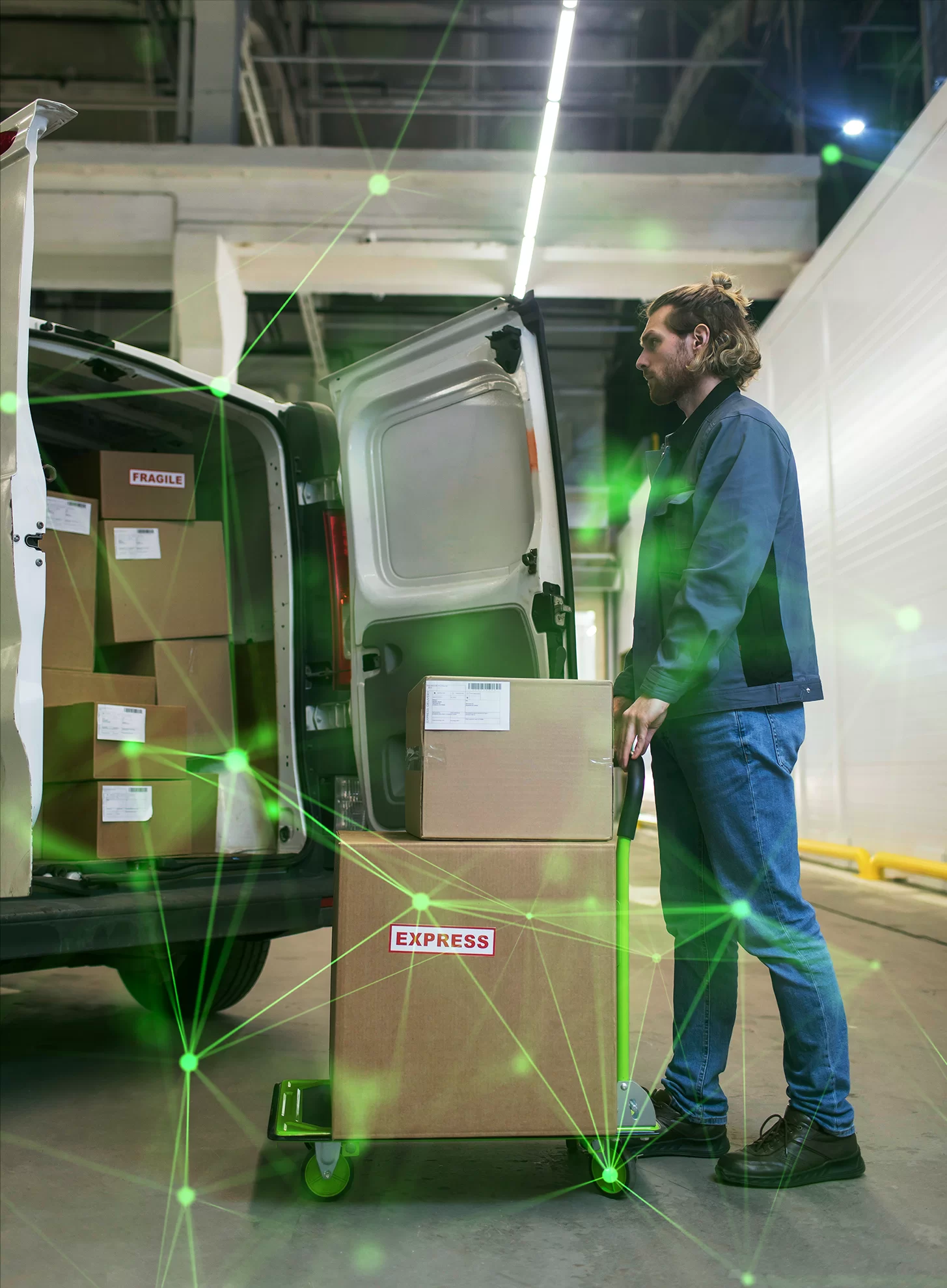 man in warehouse filling vehicle with parcels and green plexus overlayed