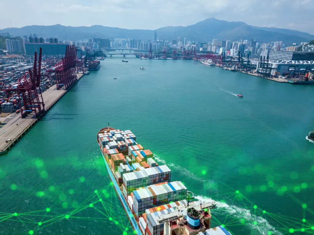 Kwai Tsing container terminals in Hong Hong with container ship on water green plexus