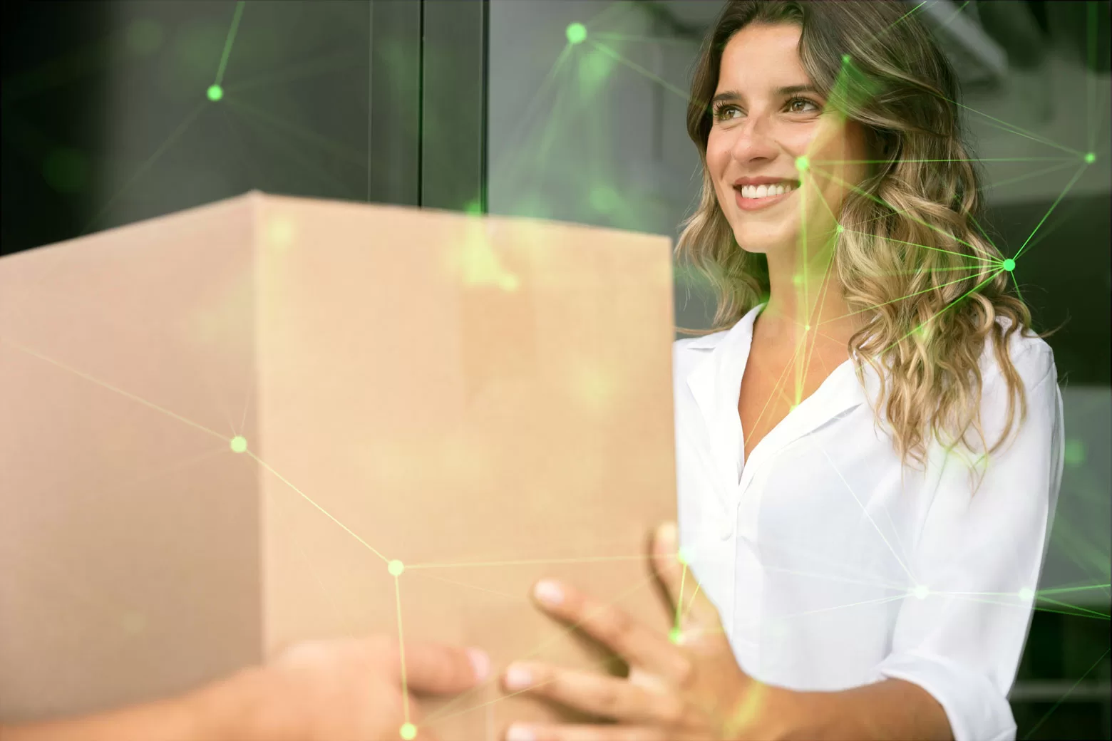 close up of happy woman receiving brown box with green plexus overlayed