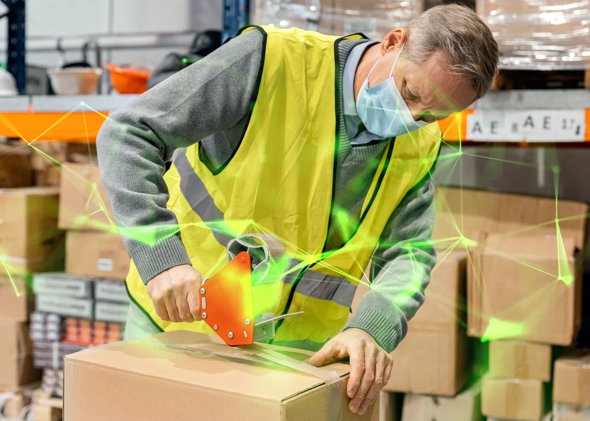 A man in a hi vis putting a package together in a warehouse plexus overlayed