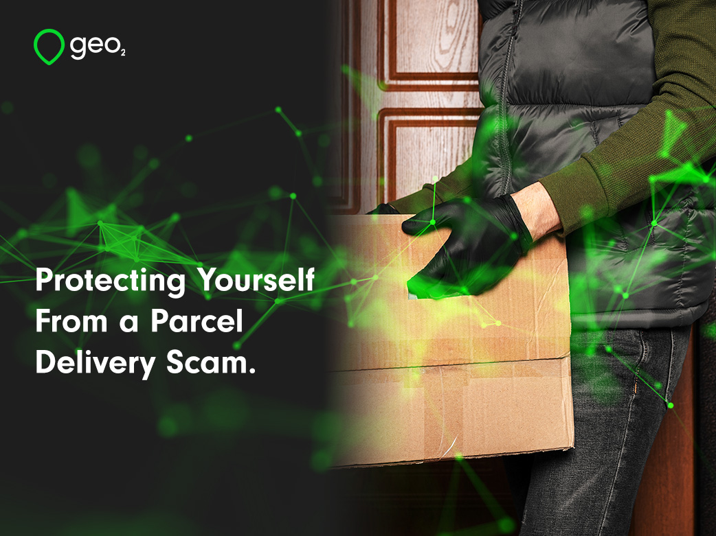 "Protecting yourself From a Parcel Delivery scam" title page with man holding a parcel at the front door with plexus overlaid