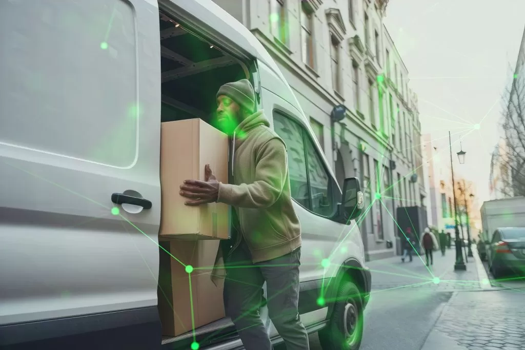 A delivery driver unloading a parcel from van