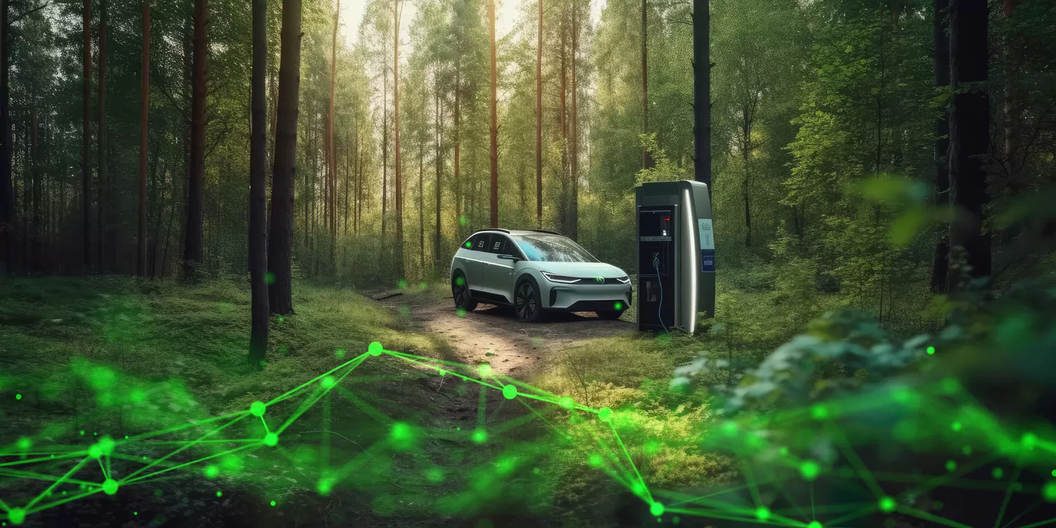 Electric car and charging point in the middle of woods with green plexus overlayed
