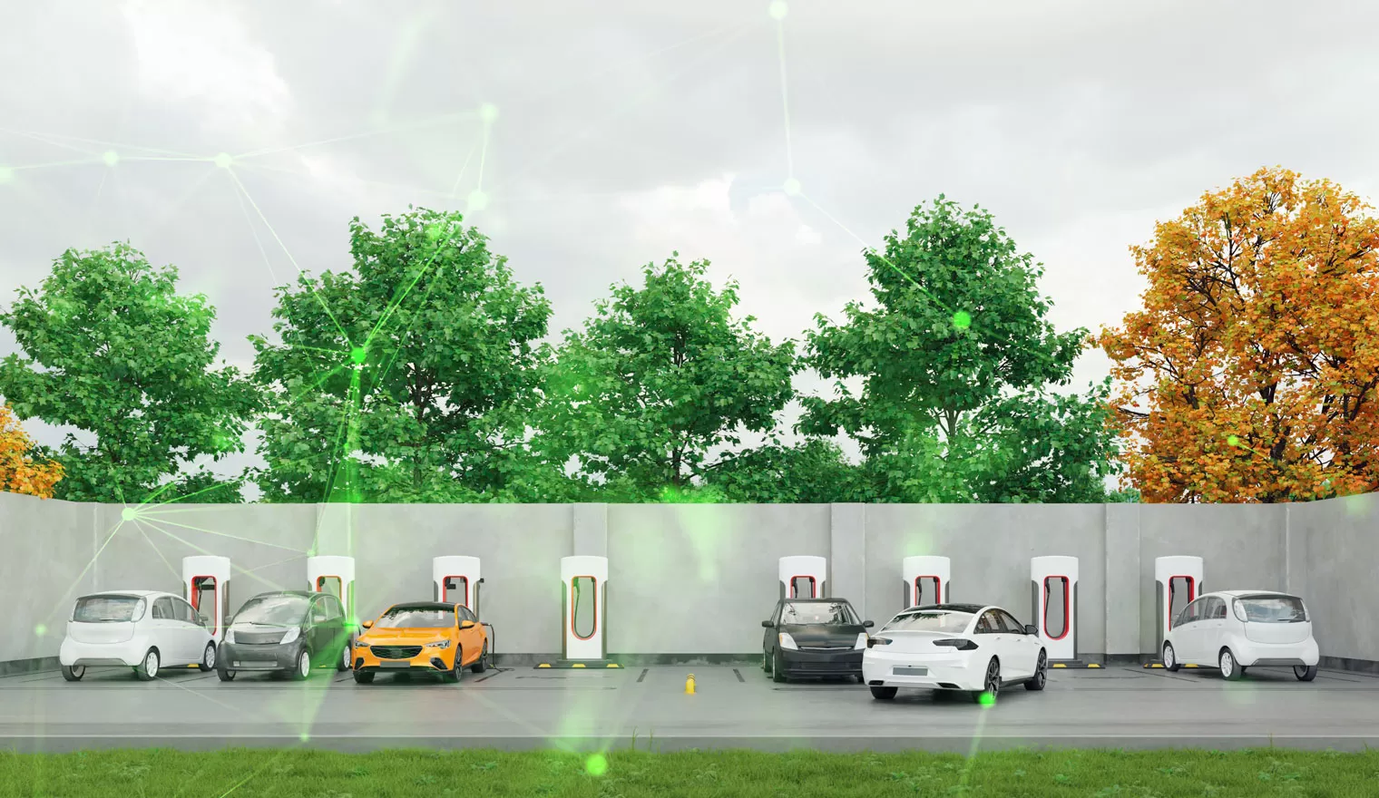 Electric cars at charging lot with green plexus overlayed