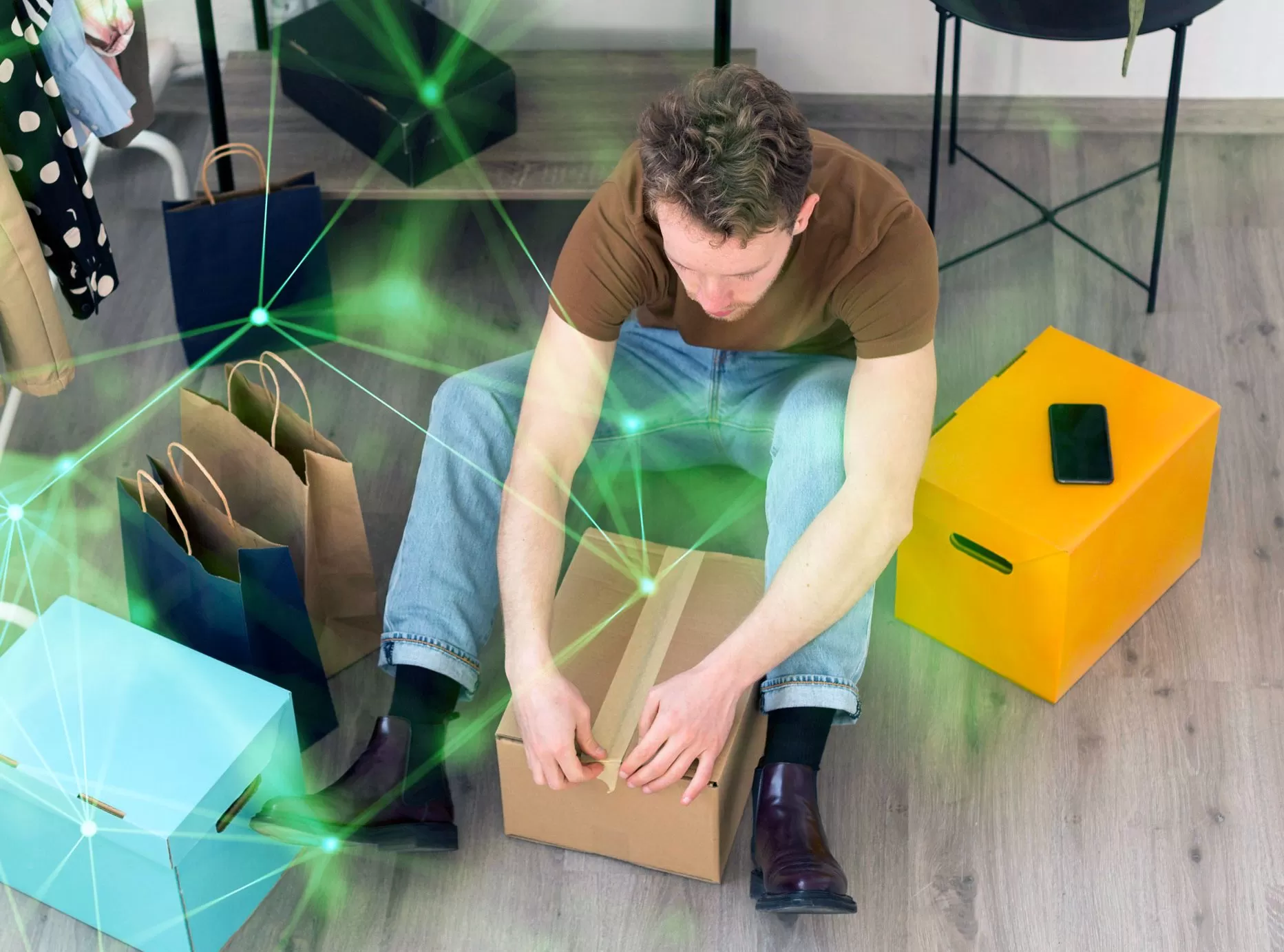 man packing boxes with green plexus overlayed