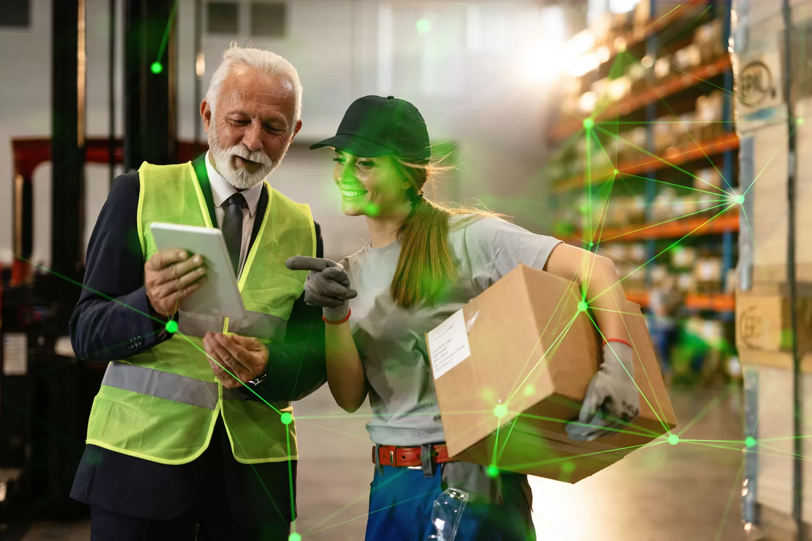A man in a hi vis showing a women with a parcel something on a tablet