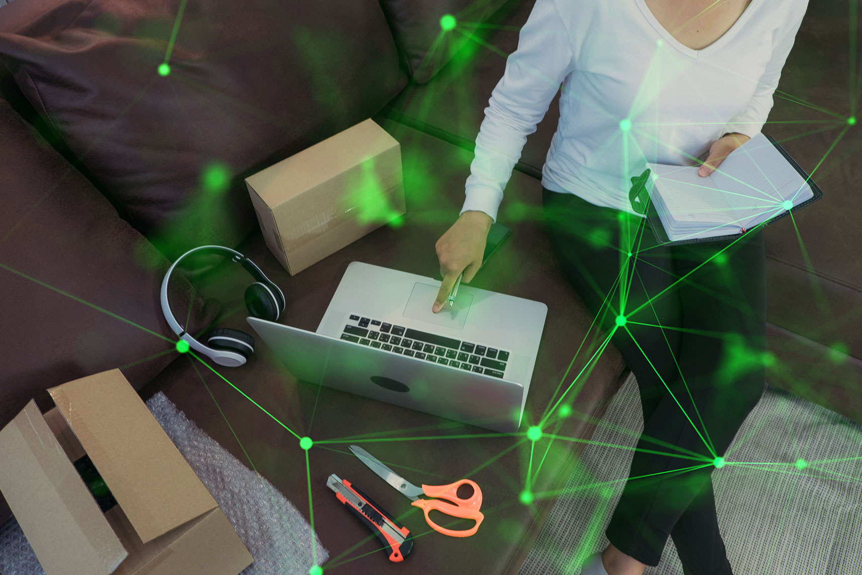 woman on laptop with boxes around her green plexus overlaid