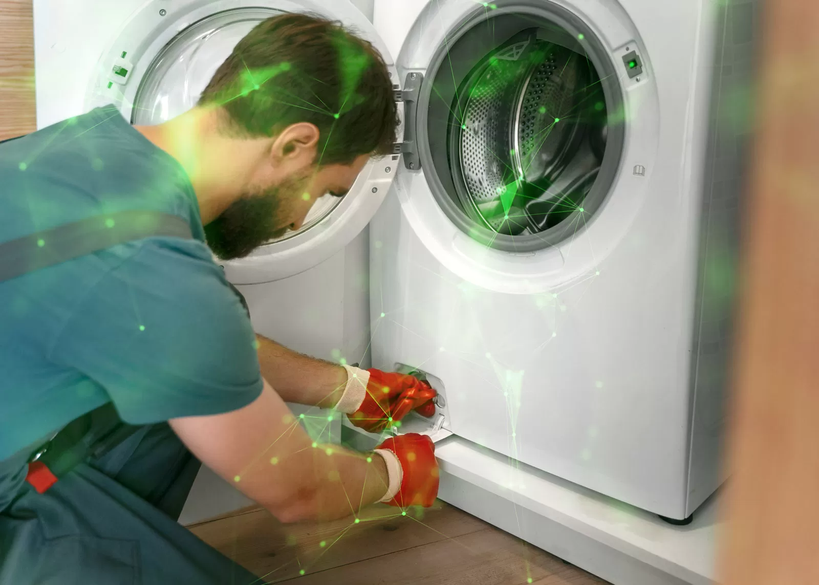 man working on washing machine green plexus overlayed