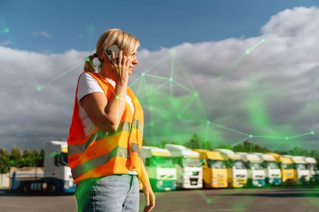 woman in hi-vis on phone in front of lorry fleet with green plexus overlayed