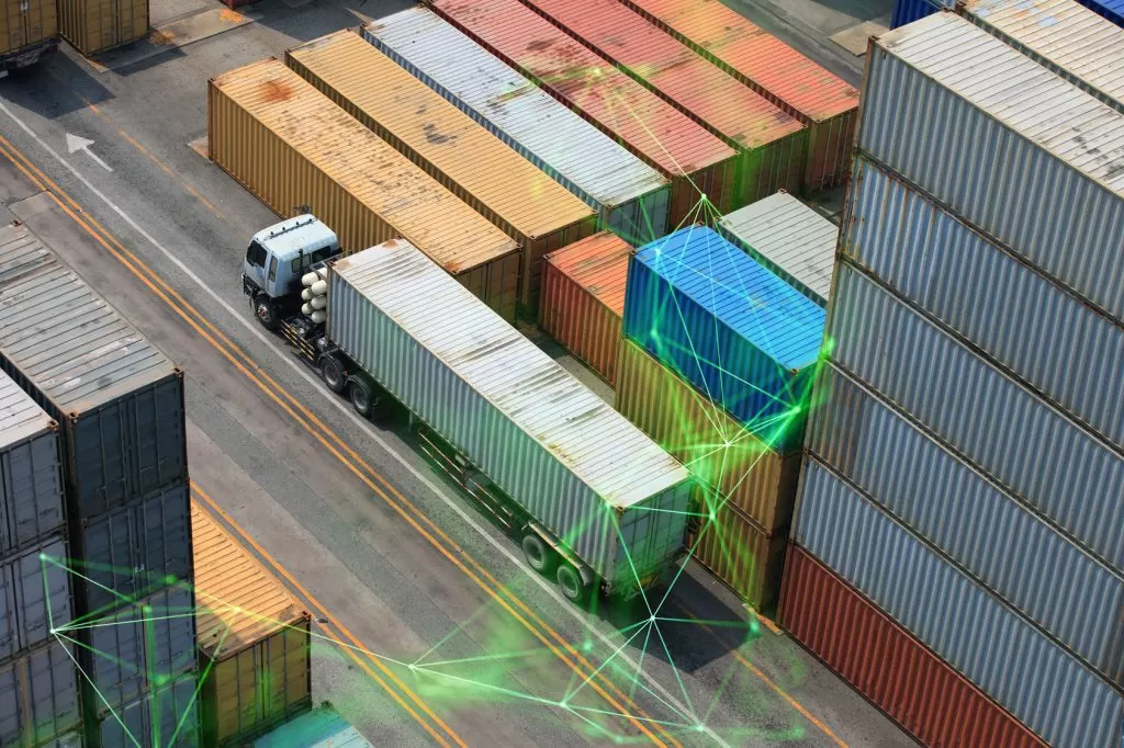 Container port with container lorry and green plexus overlayed
