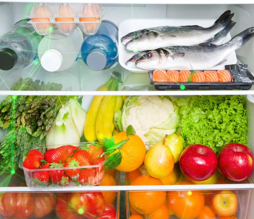 fridge full of mediterranean food with green plexus overlayed