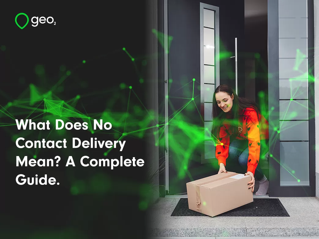 What does no contact delivery mean? A Complete Guide title image with woman collecting package at doorstep and green plexus