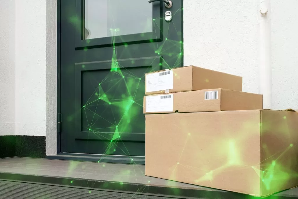 boxes on doorstep with green plexus overlayed