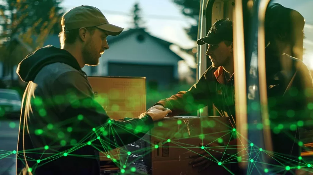 two men loading box from truck with green plexus