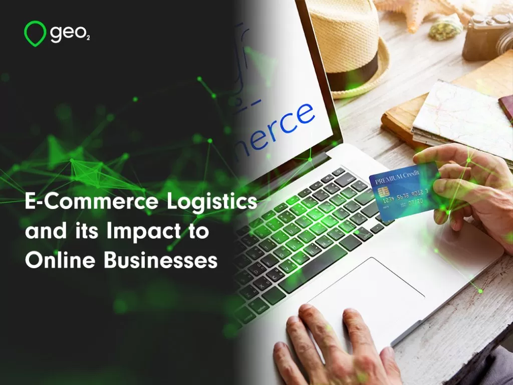 E-commerce logistics and its impact to online businesses title page with green plaxus and male hand sholding credit card in front of laptop