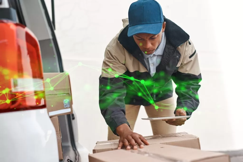 delivery-man-boxes-by-van-with-tablet-checking-order-detail-courier-schedule-address-verification-male-employee-digital-logistics-online-shipping-records-inventory-update