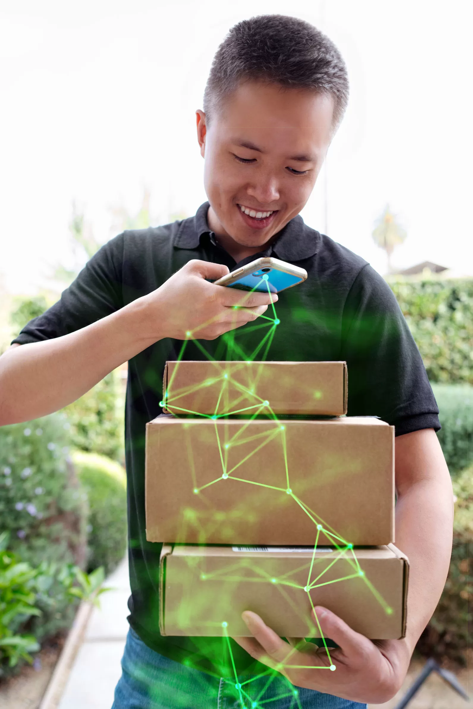 delivery man taking electronic proof of delivery of parcels he is delivering with green plexus overlayed