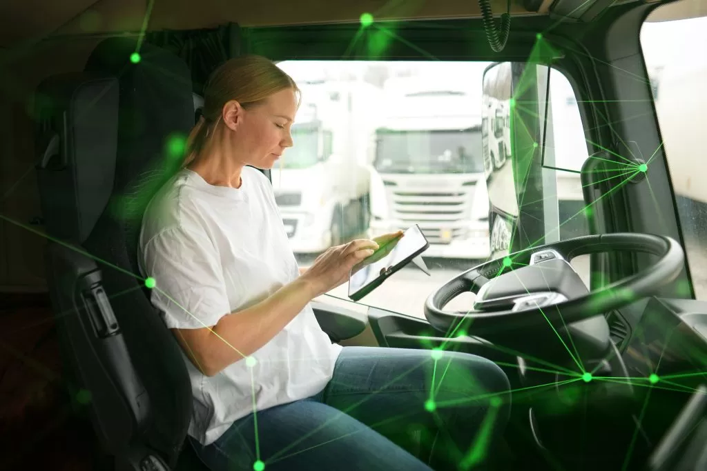 side view woman working as driver google maps green plexus