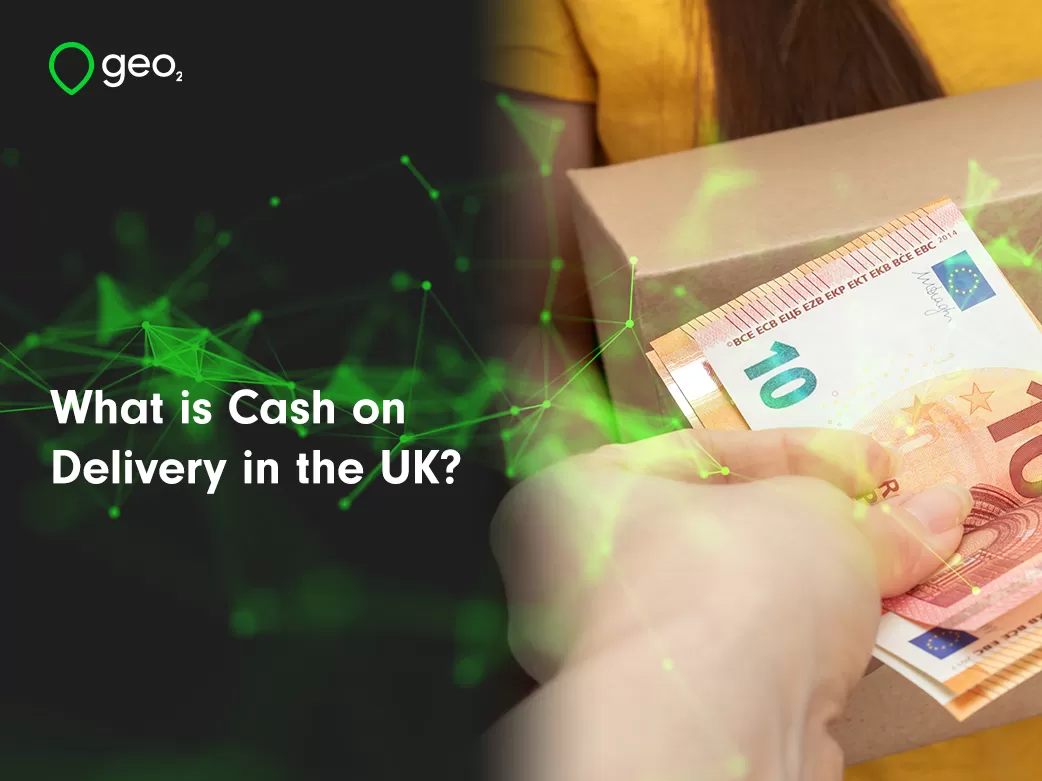 What is cash on delivery in the UK title image with green plexus and female hand handing money to delivery person