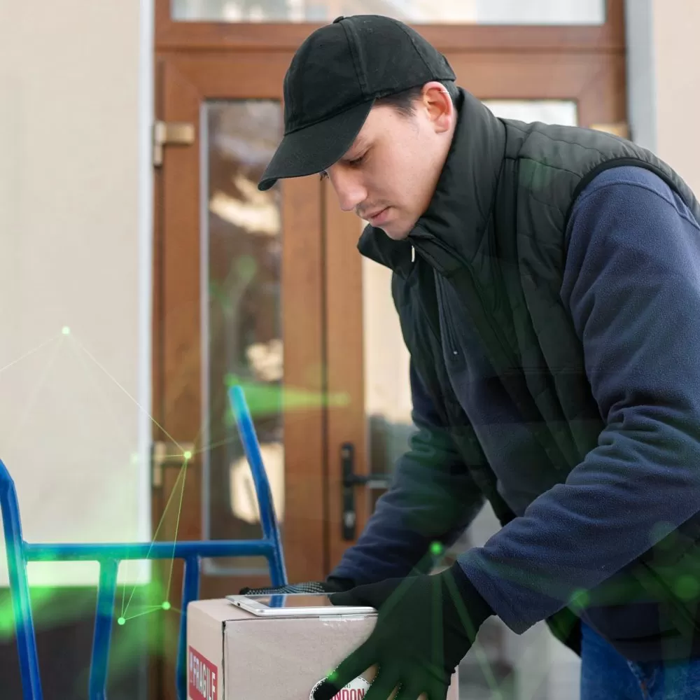 male-courier-stacking-packages-onto-trolley-with-green-plexus-overlay